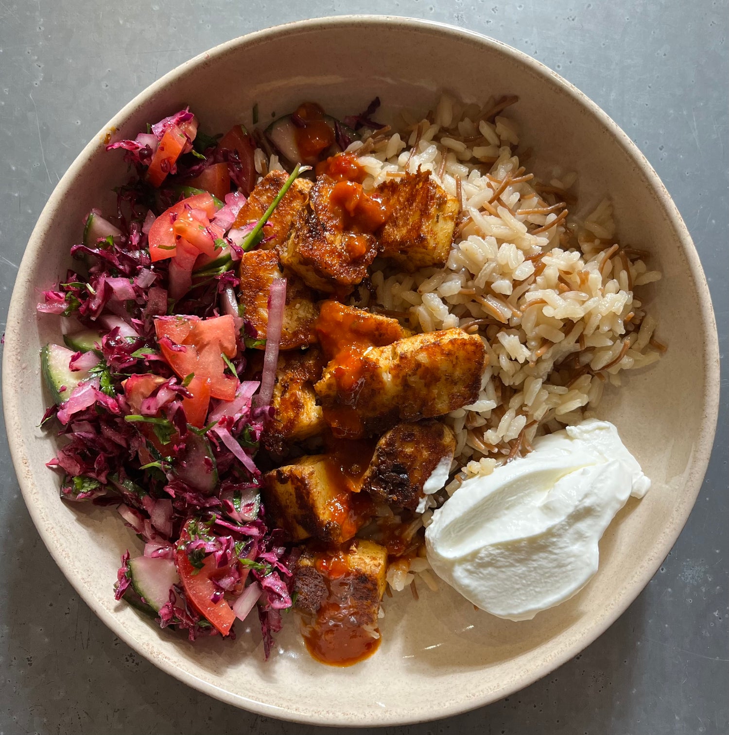 Halloumi Kebab with Fluffy Turkish Rice and Red Cabbage Salad