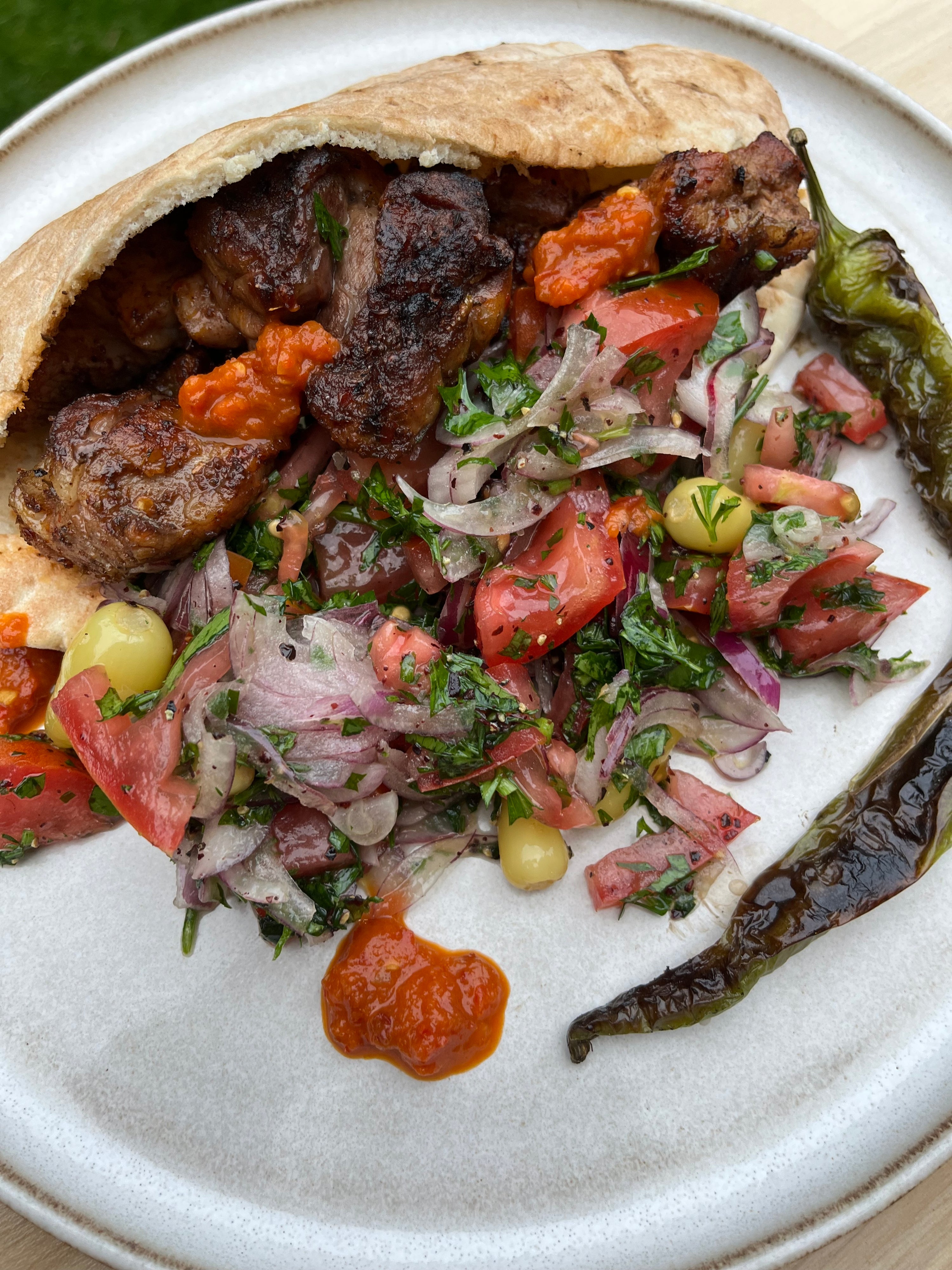 Lamb Shish in Pitta with a Pickled Chilli Salad