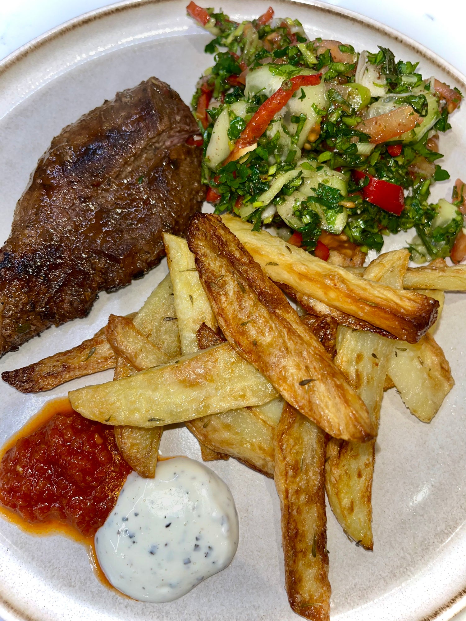 Lamb Steaks with Chips and Salad