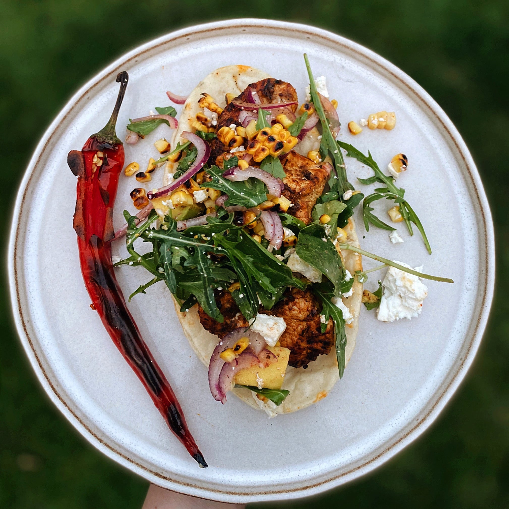 Chicken Shish with Charred Sweetcorn & Avocado Salad