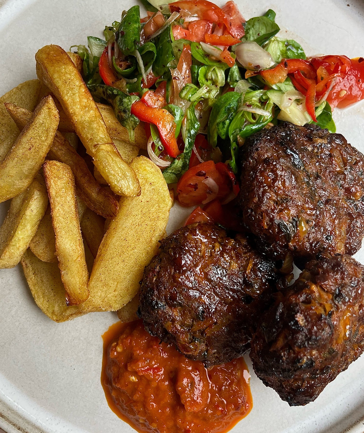 Oven Baked Kofte with Chips & Salad