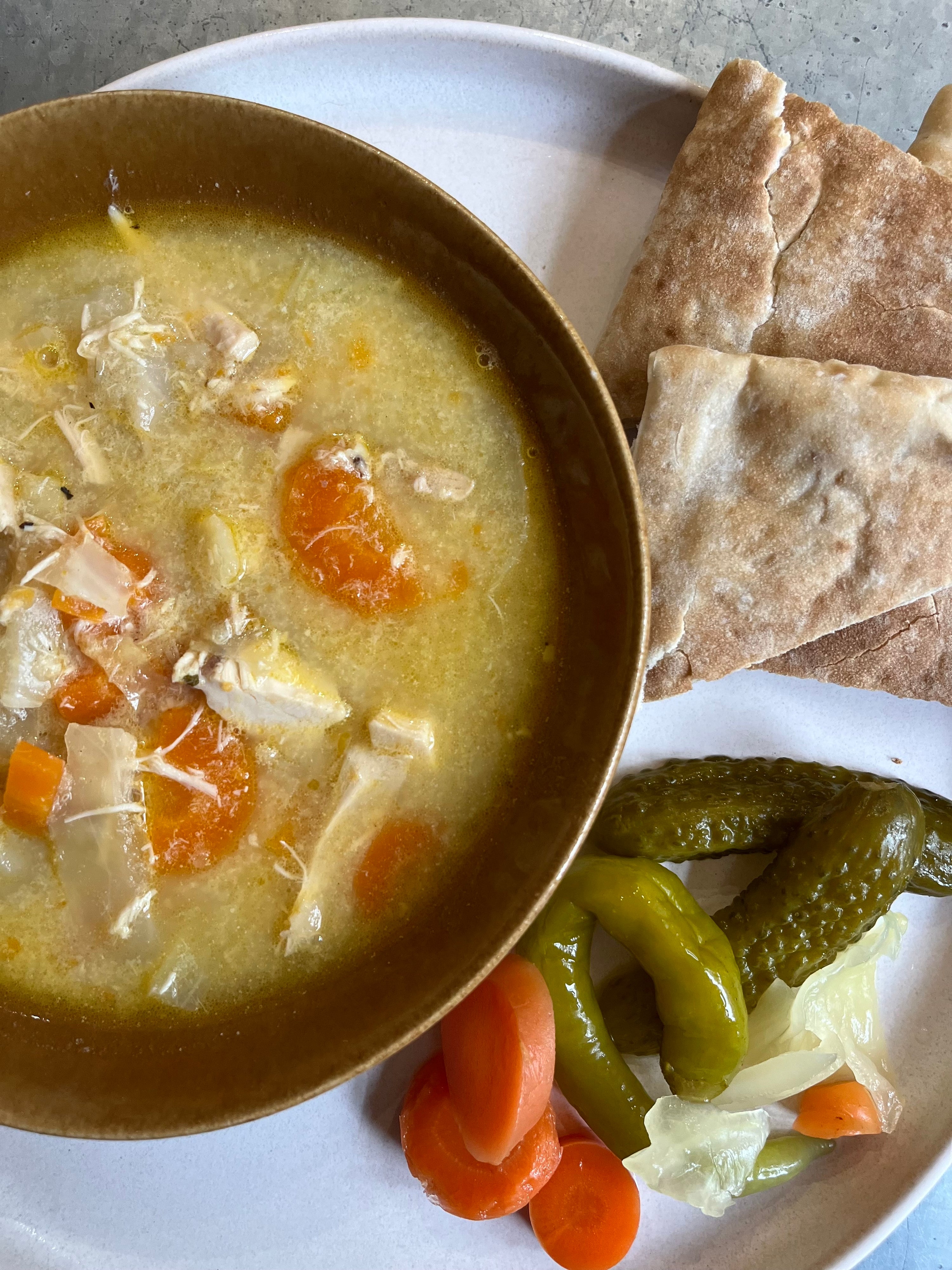 Left Over Roast Chicken, Carrot & Cabbage Soup with Pickles and Toasted Pitta bread 
