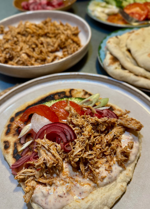 Leftover Pulled Turkey Flatbread with Spicy Feta Yoghurt